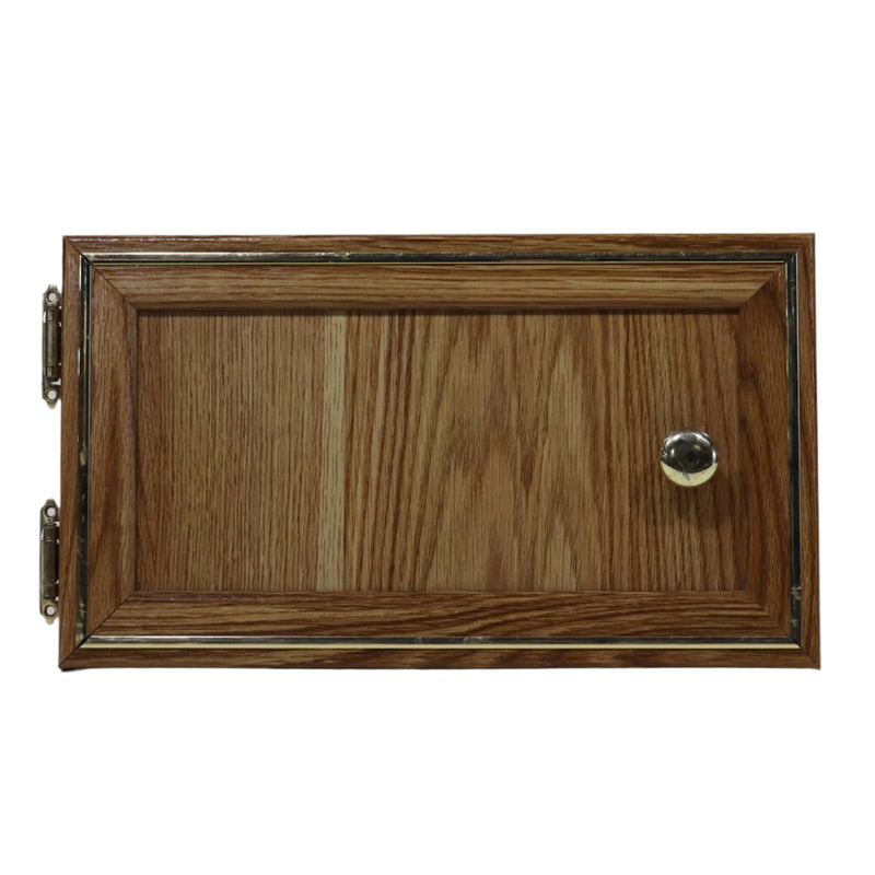A brown wooden cabinet door with a metal latch, part of a Shenandoah series.