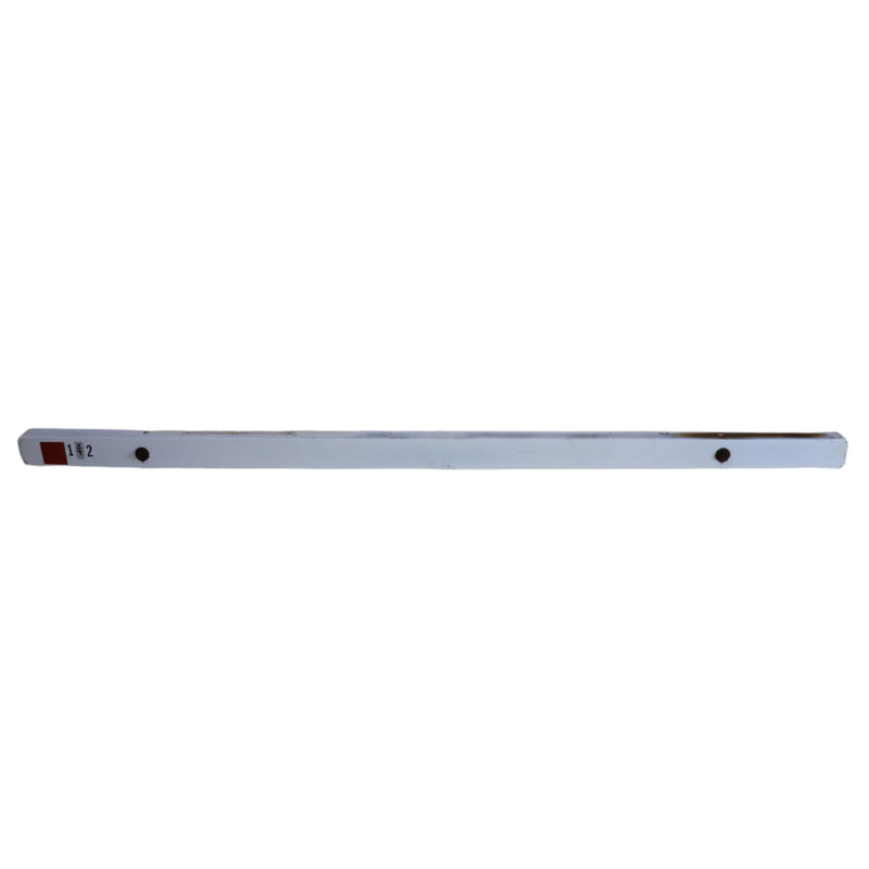White metal bumper used for a vehicle, measuring 82 inches in length and 3 inches in height.