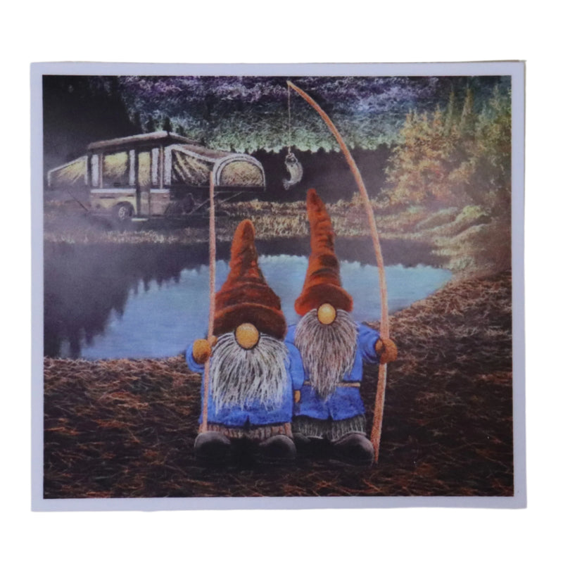 A decal featuring two cartoon gnomes with fishing rods, set against a backdrop of a lake and a camper.