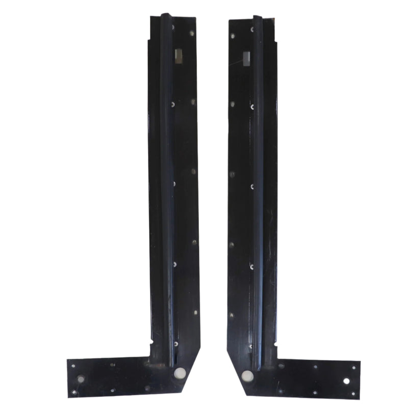 A pair of black metal stepper door bulkheads.