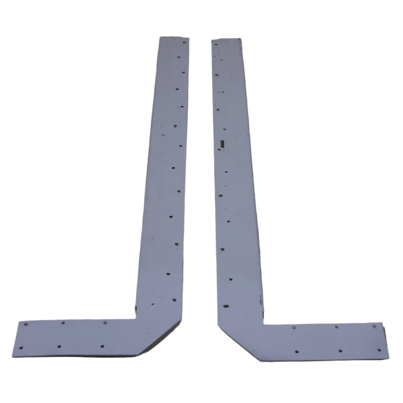 Two white door bulkhead brackets with holes on a beige background