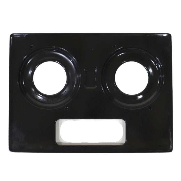 Black metal stove burner cover with two circular holes on a white background
