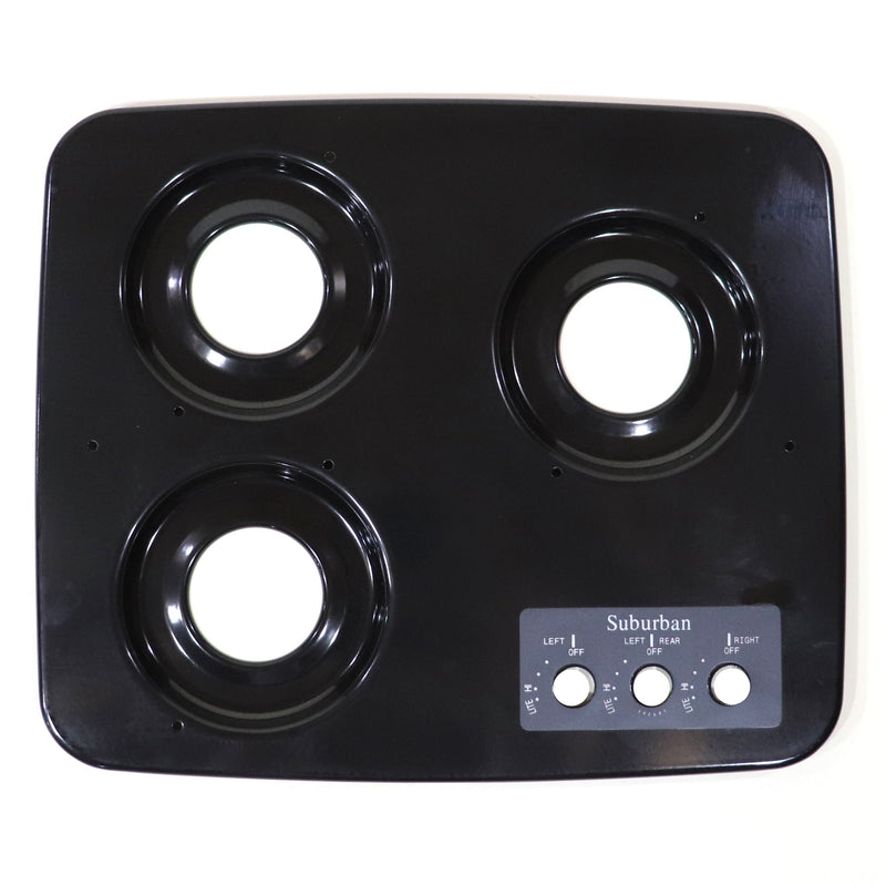 Black electric cooktop with three burners and control panel on a white background