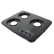 Black stovetop with three burners on a white background