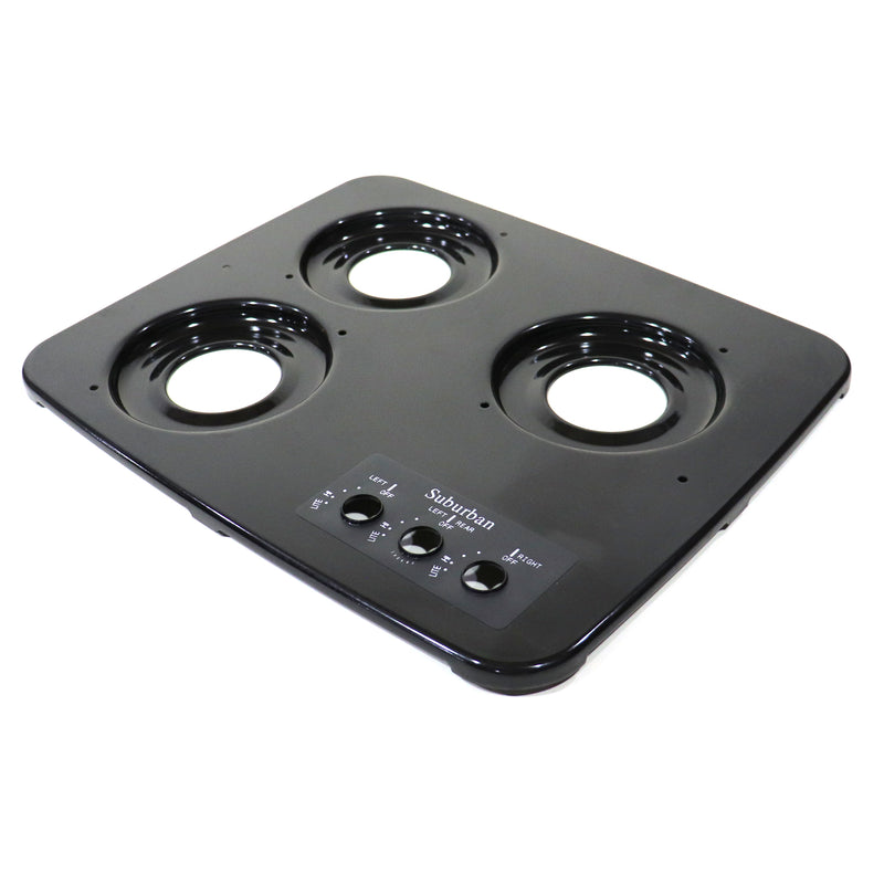 Black stovetop with three burners on a white background