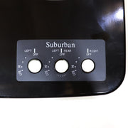 Control panel with three knobs labeled 'LEFT', 'REAR', and 'RIGHT' on a Suburban brand appliance.