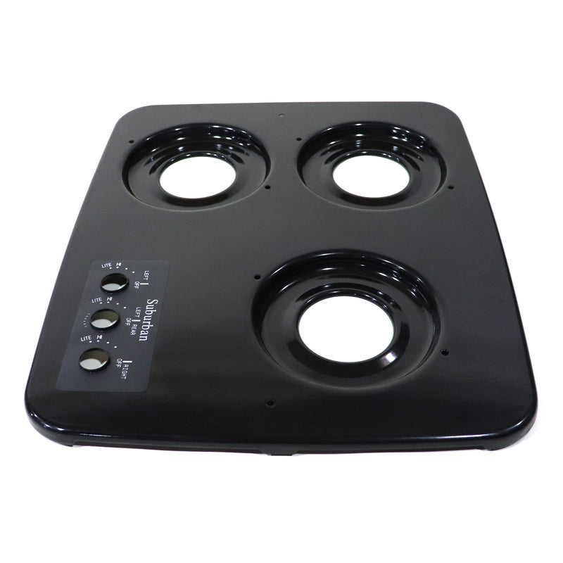 Black stovetop burner assembly on a white background