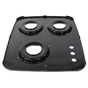 Black stove top burner plate with three circular heating elements on a white background