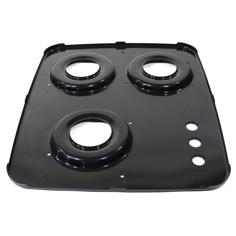 Black stove top burner plate with three circular heating elements on a white background
