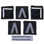 Set of folded camper curtains with gray pattern on a white background