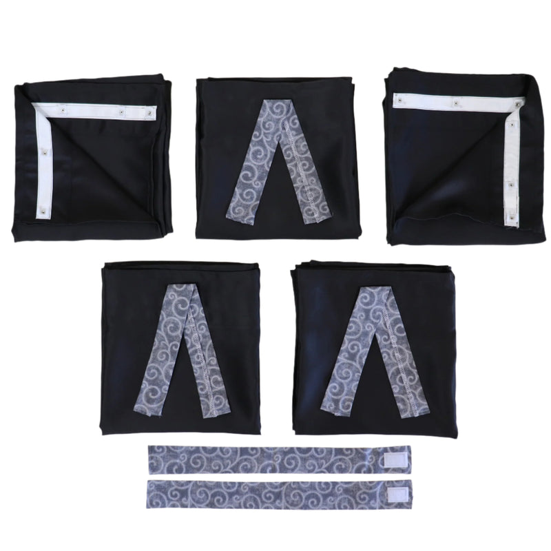 Set of folded camper curtains with gray pattern on a white background