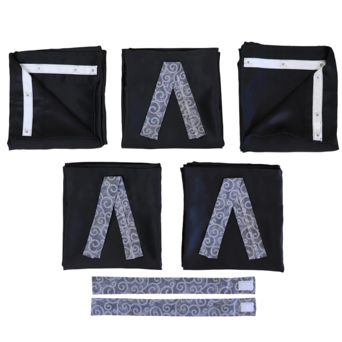 Set of folded camper curtains with gray pattern on a white background