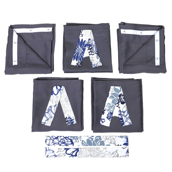 Set of gray camper curtains  with blue and white floral patterns on a white background