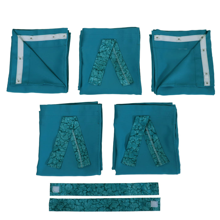 set of teal camper curtains with pattern ties