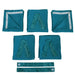set of teal camper curtains with pattern ties