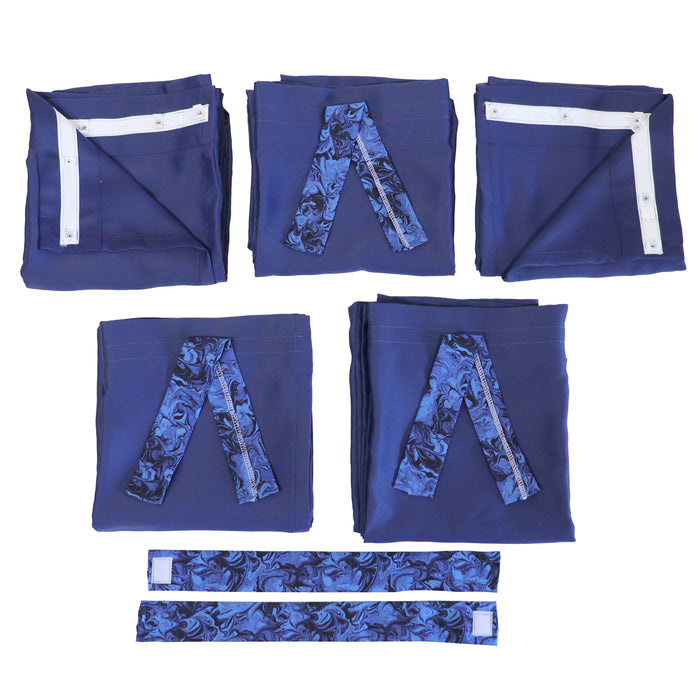 Set of blue pop up camper curtains with patterns on a white background