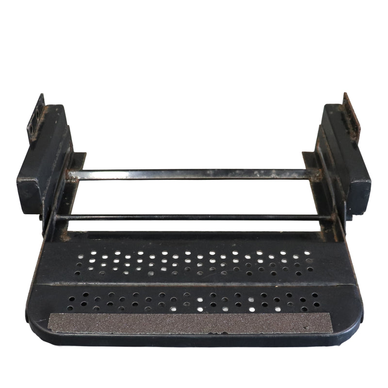 Black metal step shown open with perforated design on a white background