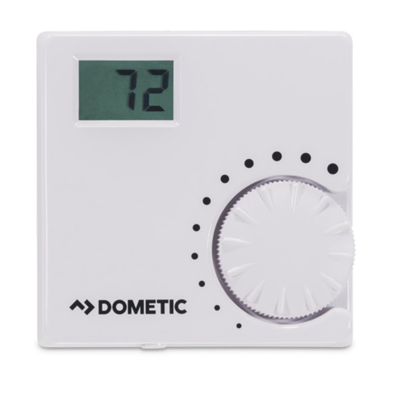 Dometic thermostat with digital display and dial on a white background