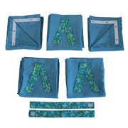 Set of blue pop up camper curtains with floral patterns on a white background