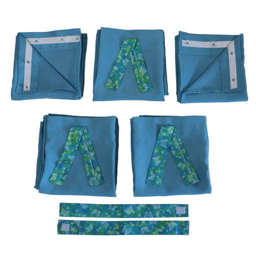 Set of blue pop up camper curtains with floral patterns on a white background