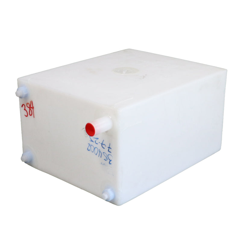 White plastic water tank with fittings and a fill spout on a white background