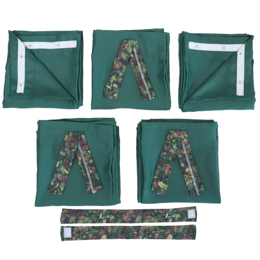 set of green pop up camper curtains with forest pattern curtain ties