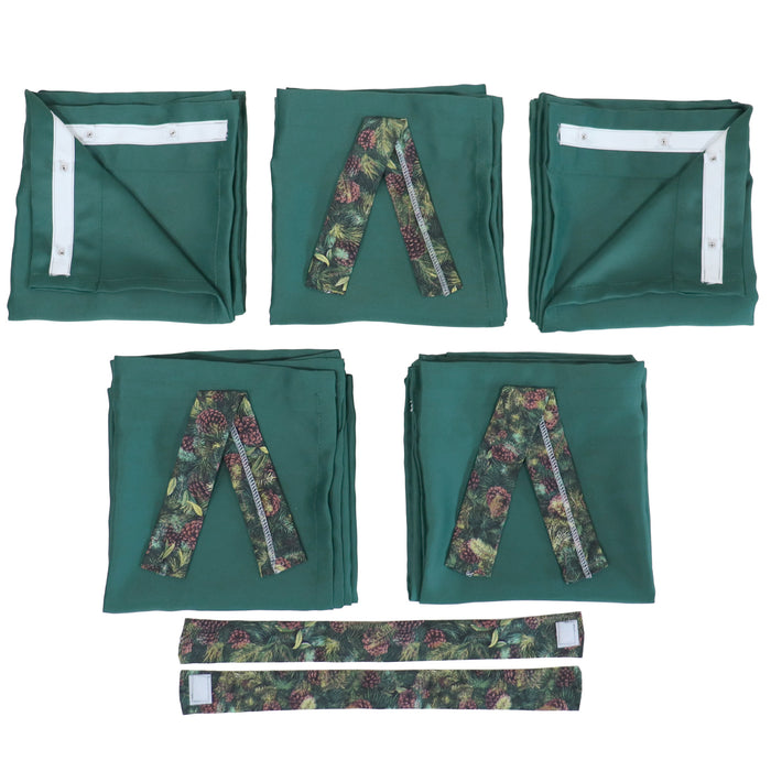 set of green pop up camper curtains with forest pattern curtain ties