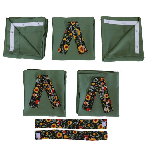 olive green camper curtain kit with floral patterns on a white background