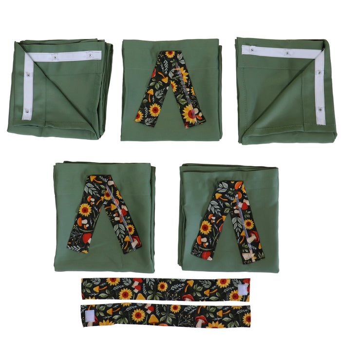 olive green camper curtain kit with floral patterns on a white background