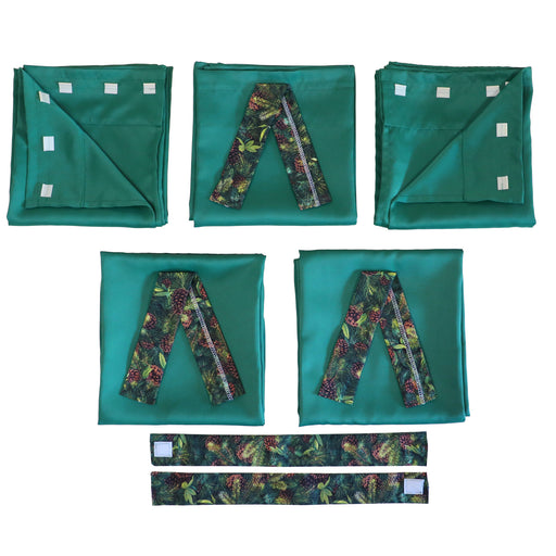 set of green pop up camper curtains with forest pattern ties