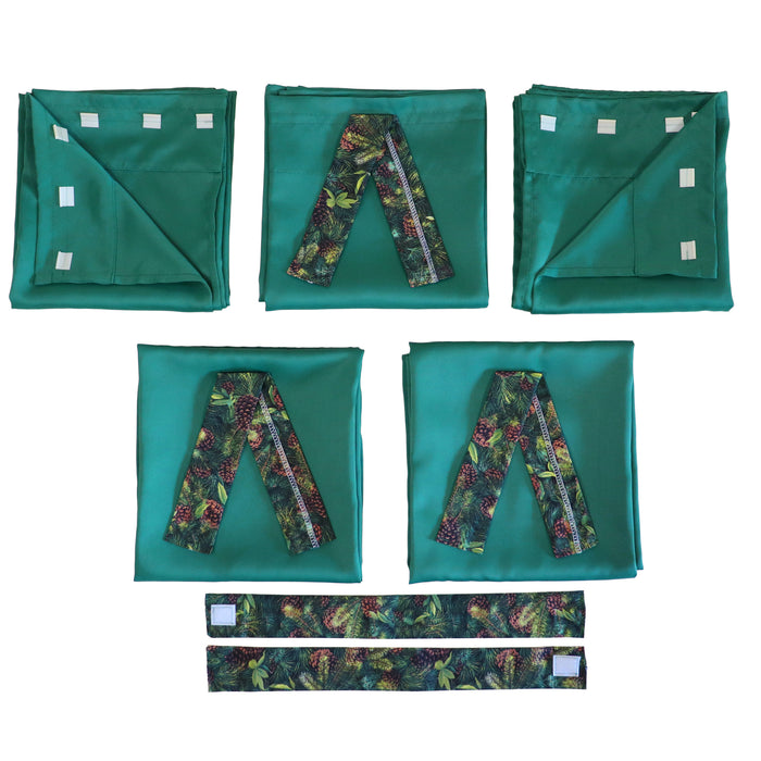 set of green pop up camper curtains with forest pattern ties