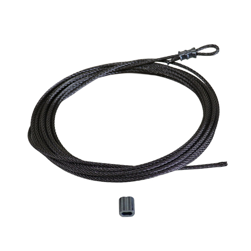 Black braided rope with a metal clip on a white background