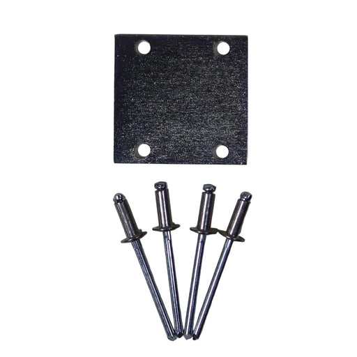 Set of metal rivets and a black square metal plate on a white background