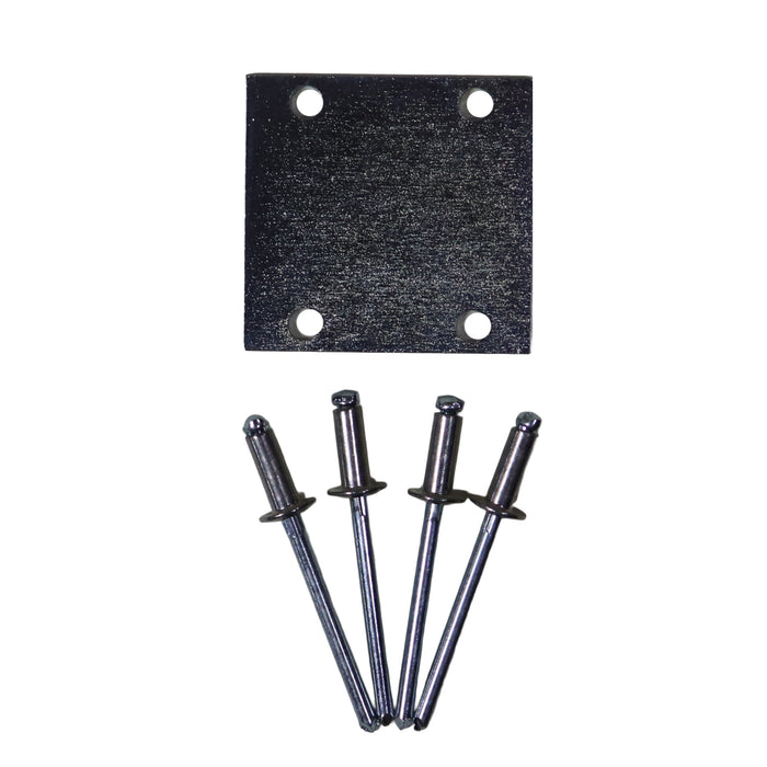 Set of metal rivets and a black square metal plate on a white background
