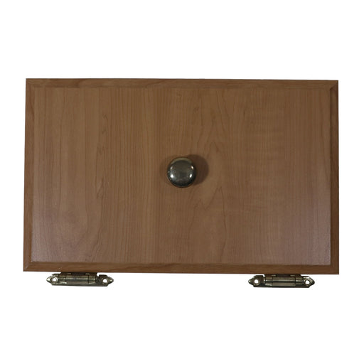 Wooden drawer with metallic handle and hinges on a white background