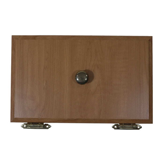 Wooden drawer with metallic handle and hinges on a white background