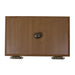 Wooden drawer with metallic handle and hinges on a white background