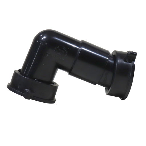 Black plastic elbow fitting on a white background