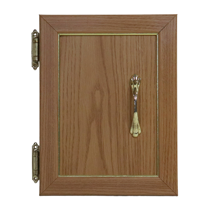 Wooden cabinet door with a handle on a white background