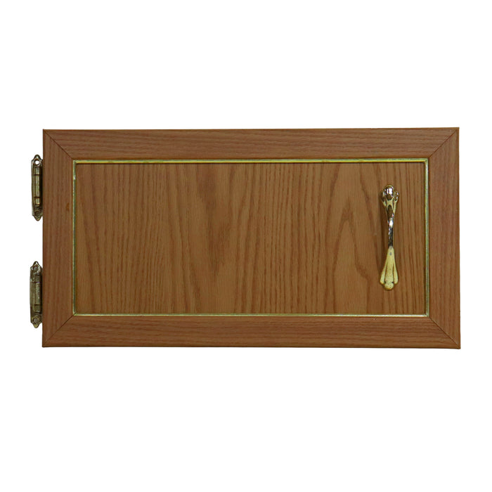 Wooden cabinet door with gold handle and hinges on a white background