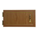 Wooden cabinet door with gold handle and hinges on a white background