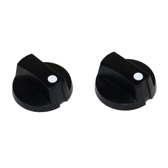 Two black knobs with white centers on a white background