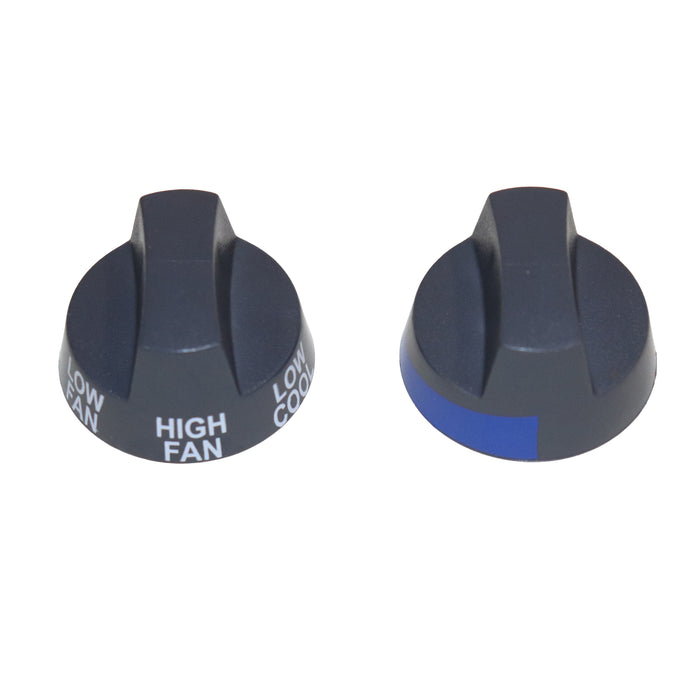 Two black knobs with labeled functions on a white background