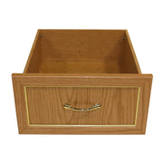 Wood drawer with a gold handle for pop up campers