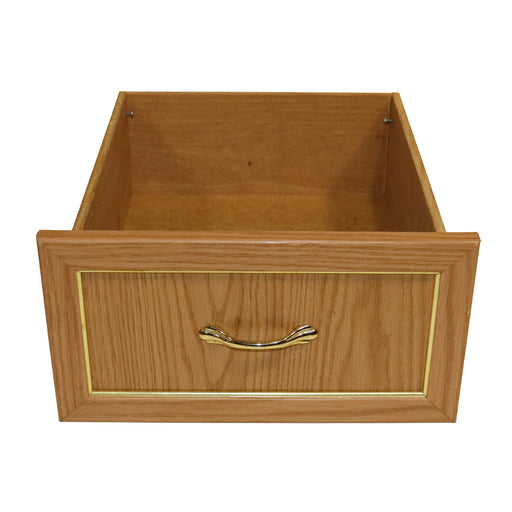 Wood drawer with a gold handle for pop up campers
