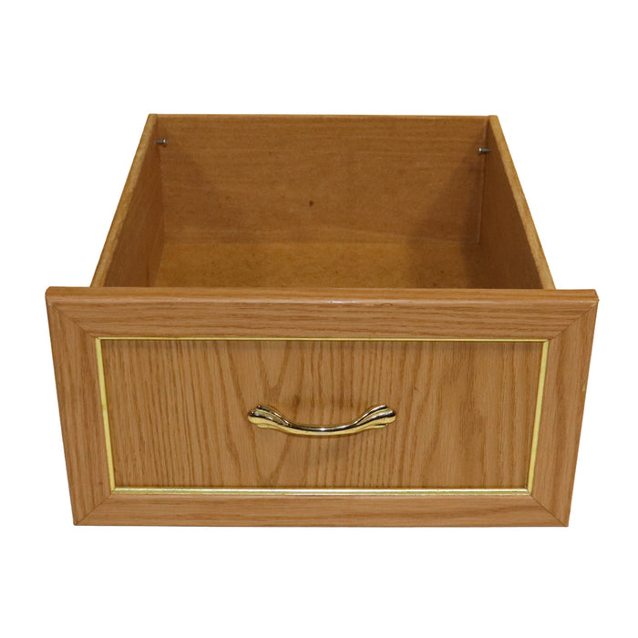 Wood drawer with a gold handle for pop up campers