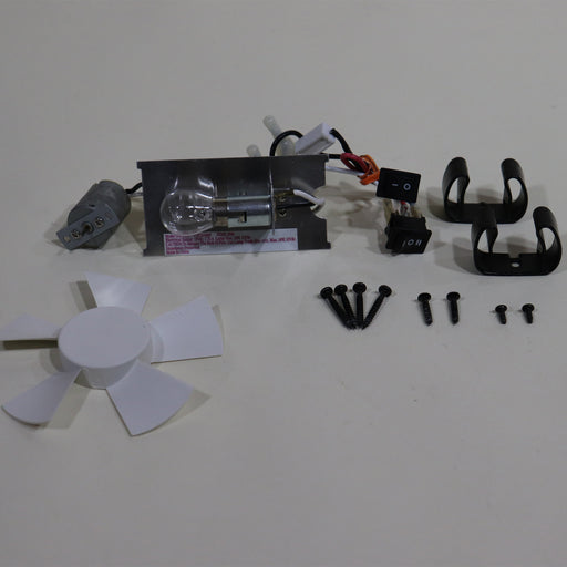 Electrical and hardware components including a fan, bulb holder, and screws for aftermarket fan light combos