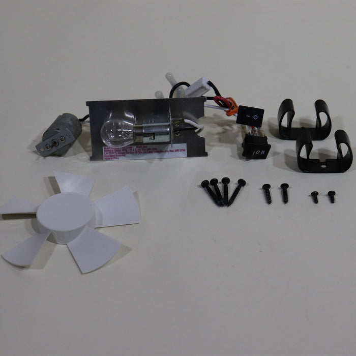 Electrical and hardware components including a fan, bulb holder, and screws for aftermarket fan light combos