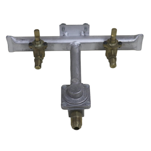 Metal valve assembly with three brass outlets on a white background