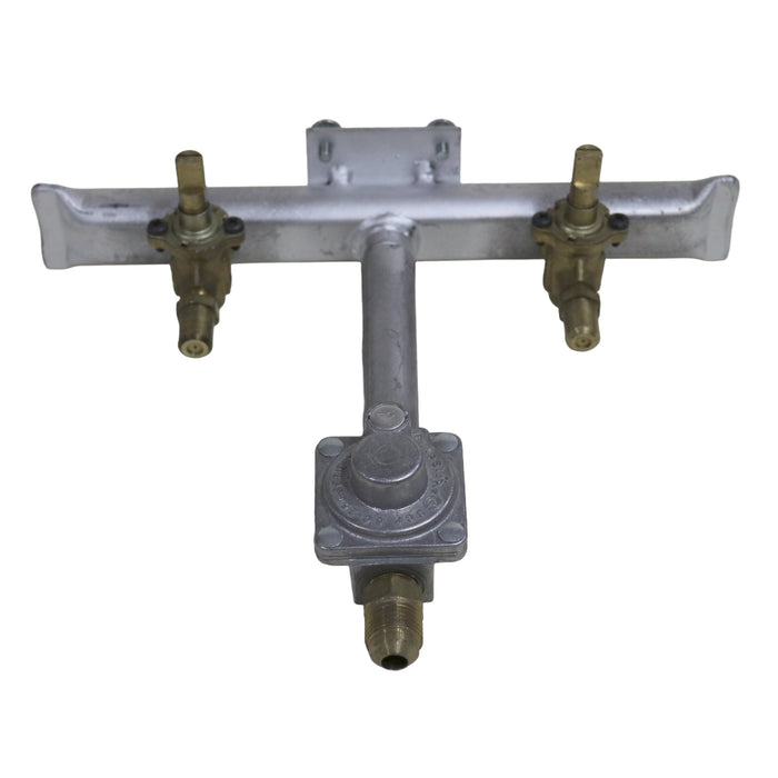 Metal valve assembly with three brass outlets on a white background